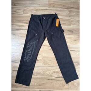 Von Dutch Jeans Mens Sz 32x32 Double Knee Patch Graphic 100% Cotton Black Denim